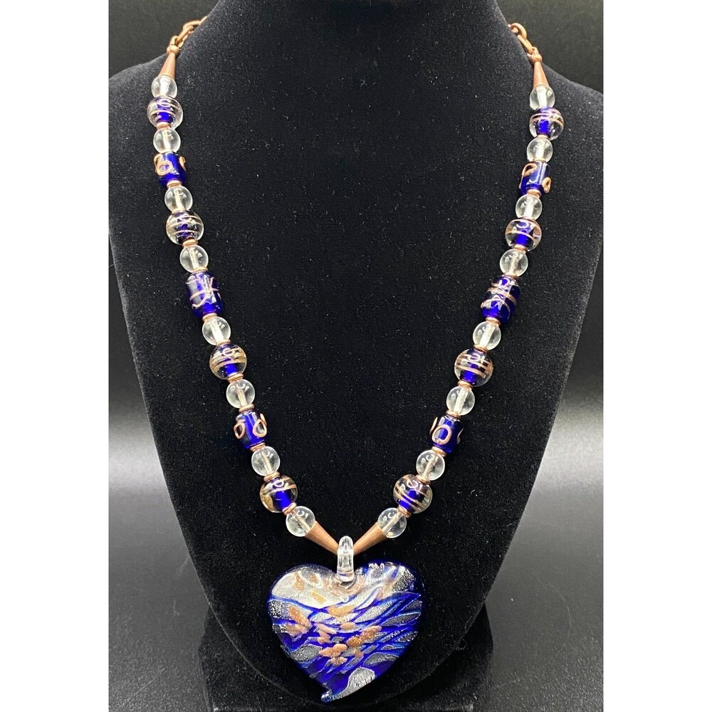 Handmade Blue Copper Silver Foil Glass Heart & Glass Bead Necklace by Neanie-Bot